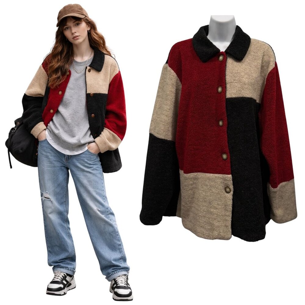 VTG TEDDI Sherpa Jacket Shacket Color Block Patchwork 90s Indie Cozy Womens XL